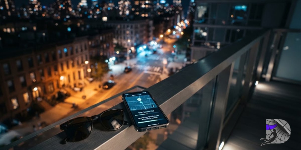 Smartphone delivery tracking app on a balcony railing at night