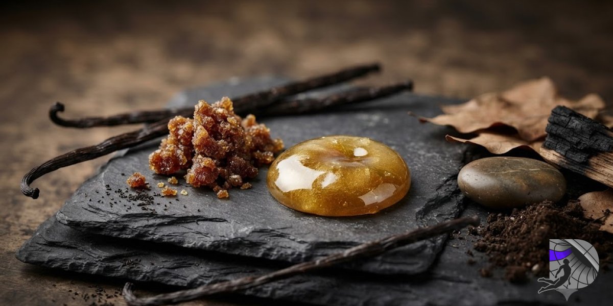 Premium organic cannabis resin and golden amber hash rosin on dark slate with vanilla pods