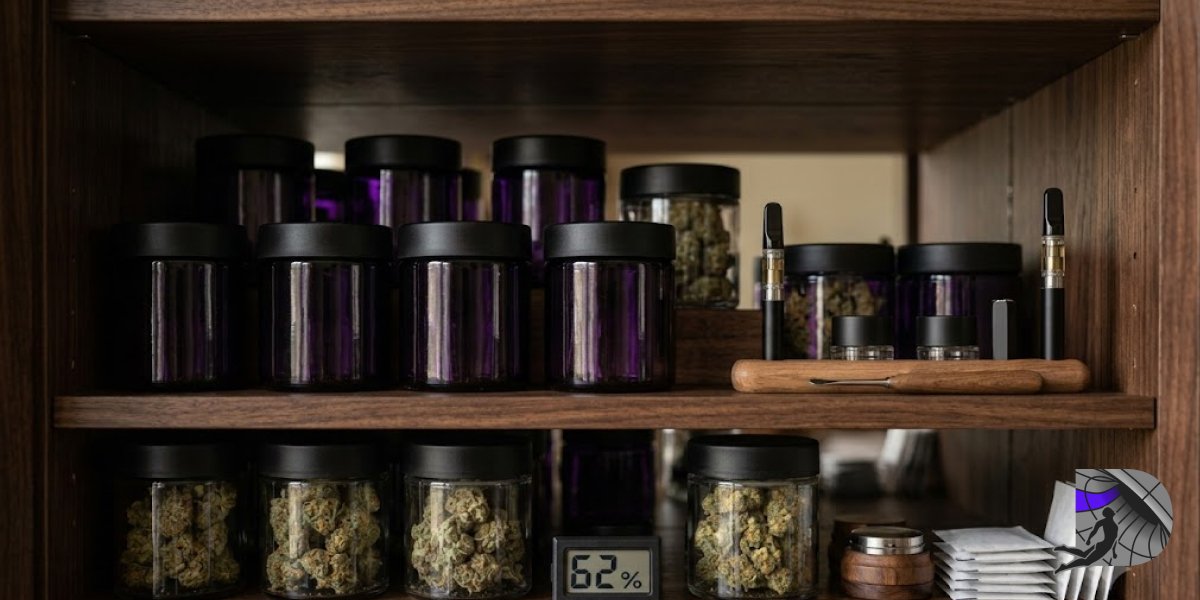 Dark wooden shelf neatly organized with airtight glass jars, vape pens, and a digital hygrometer