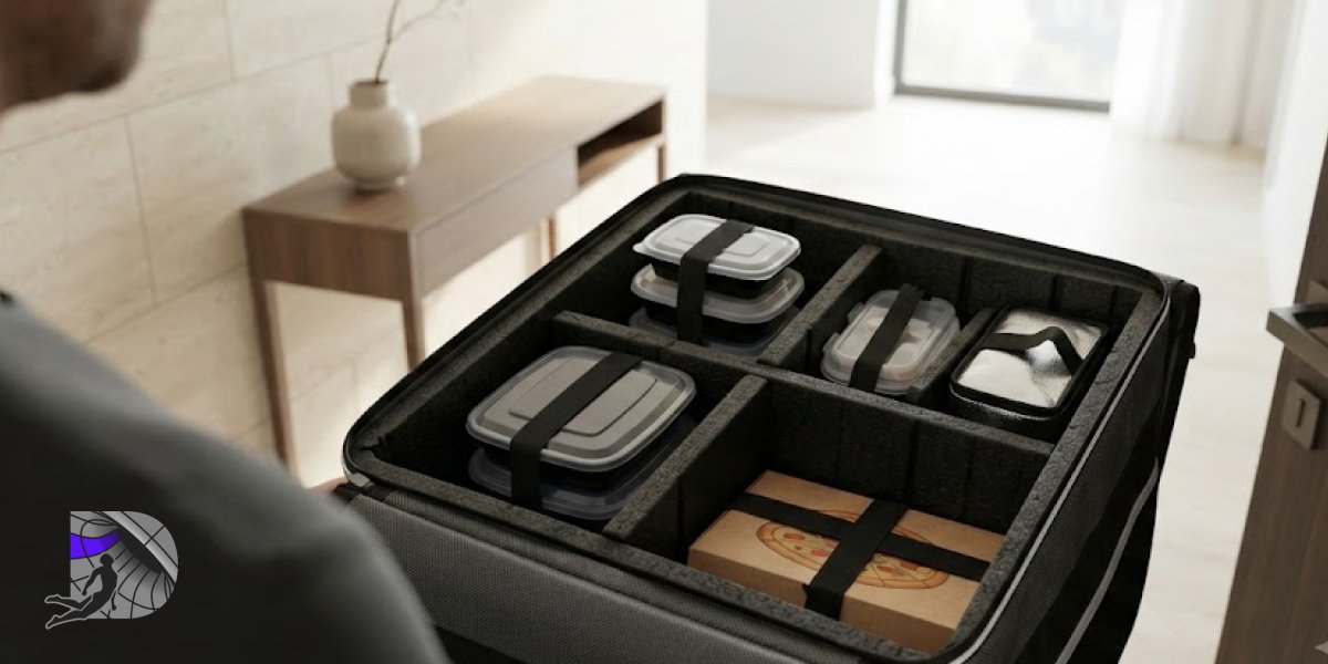 Interior view of a professional delivery bag with modular compartments containing organized orders.