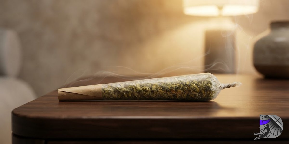 Single pre-rolled conical joint resting on a polished dark wooden surface with warm lighting
