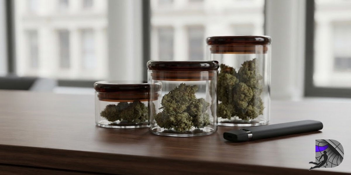 Amber glass jars filled with premium cannabis buds and a sleek black vape pen resting on a modern wooden surface.