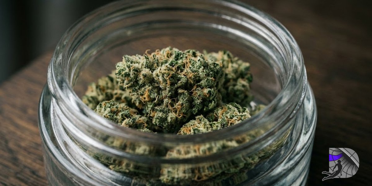 High-quality, frosty green cannabis buds resting securely inside an open, clear glass jar on a dark oak wooden table.