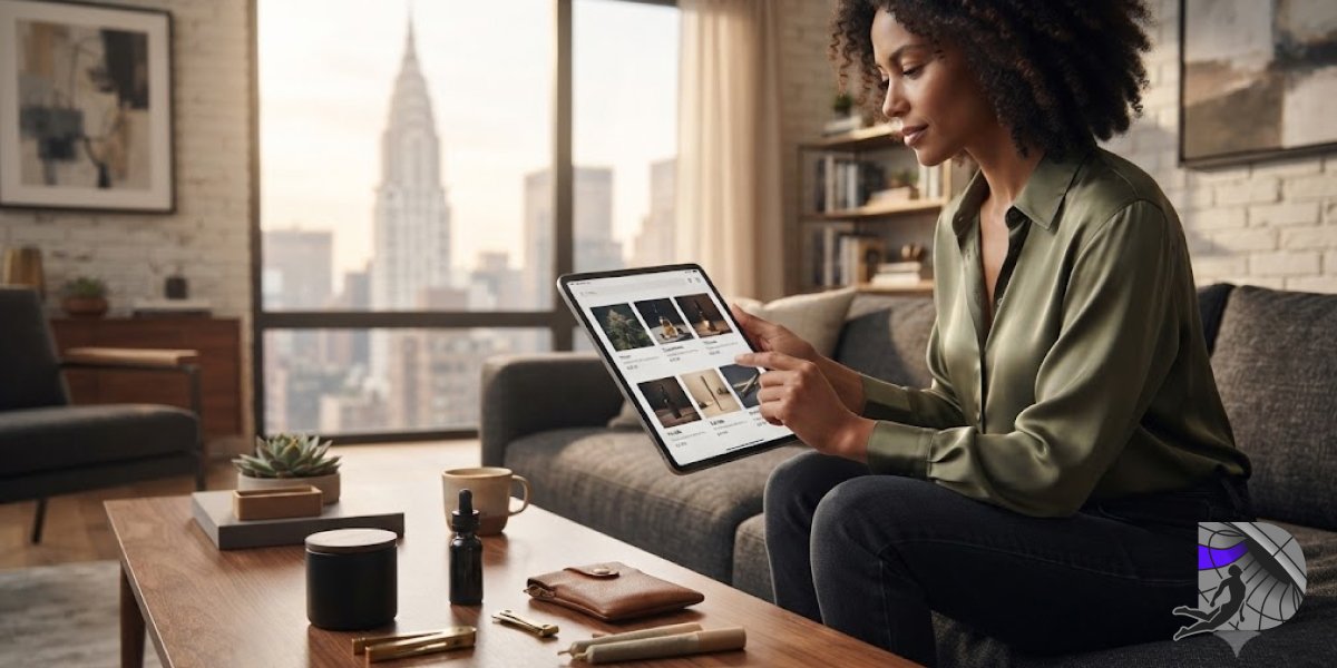An adult customer using a tablet to select premium cannabis products at home.