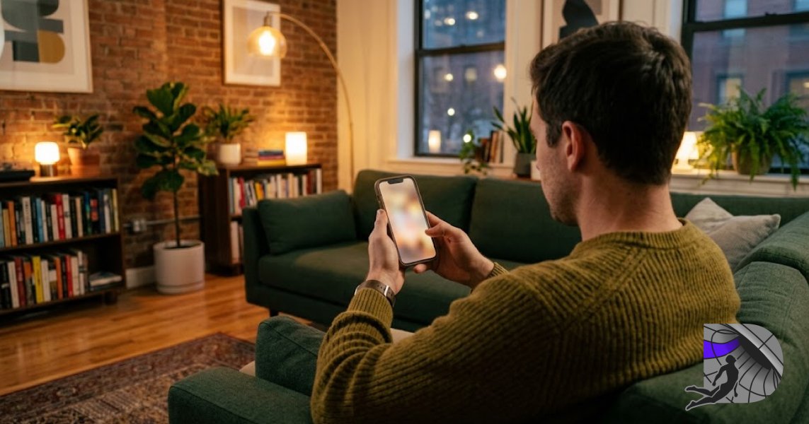A man relaxing on a green sofa in a cozy, warm-lit apartment looking at his glowing smartphone screen.
