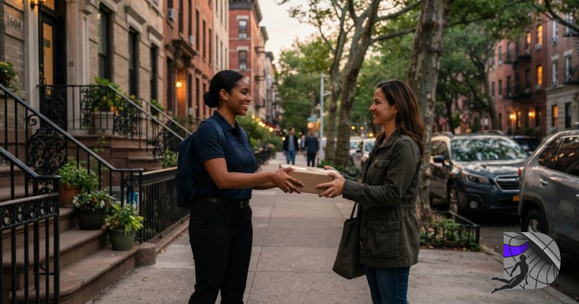 A friendly courier handing a sealed package to a customer at a Washington Heights residence.