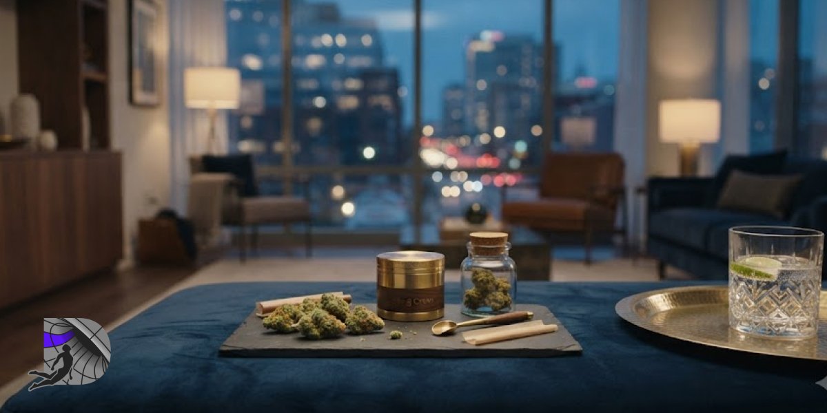 Rolling Green Hot Tamales flower prepared on a velvet tray in a modern lounge at dusk.