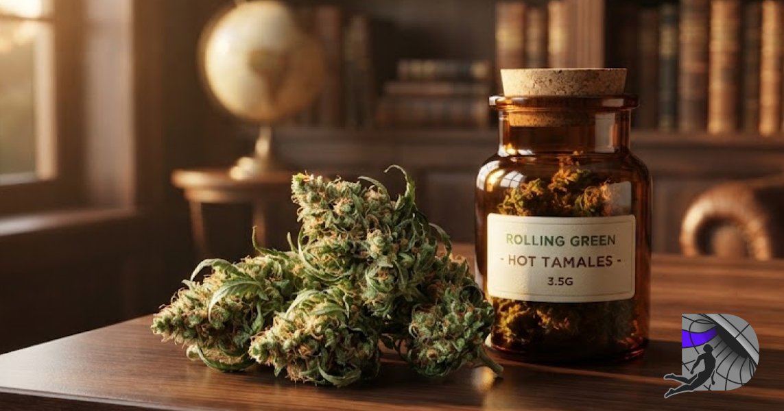 Rolling Green Hot Tamales flower with a glass storage jar and brass rolling tools.