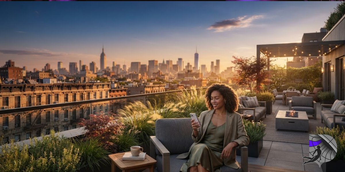 Resident relaxing on a rooftop terrace overlooking Clinton Hill and Manhattan skyline at sunset