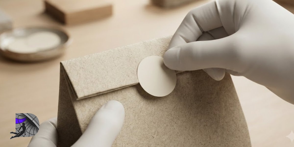Close-up of gloved hands sealing a craft paper bag with a sticker.
