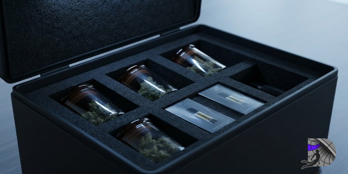 Open professional transport case with custom foam insert securing cannabis jars and vape products.