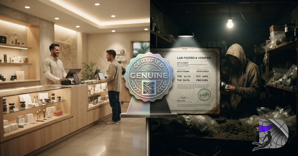 Comparison of a modern, clean, legal dispensary and a dark, unregulated storage room.