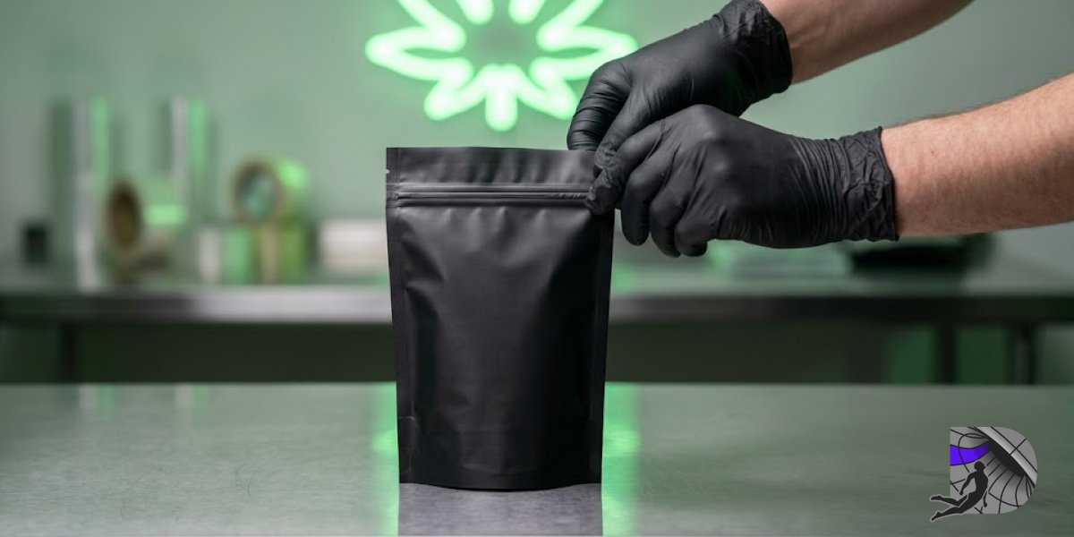 Hands in black gloves packing a cannabis order into a matte black pouch with a neon leaf background