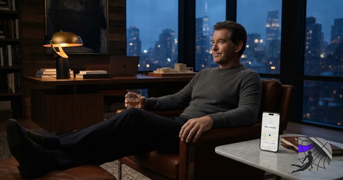 Man relaxing in a study holding whiskey with a confirmed delivery on his phone