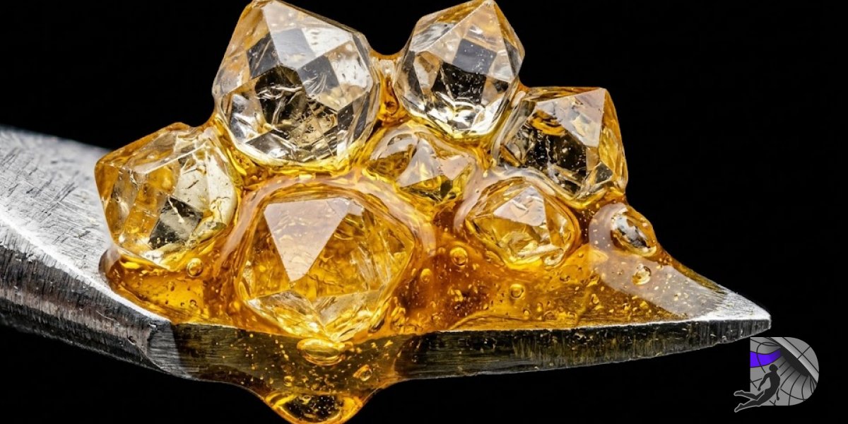 Macro shot of cannabis THCA diamonds in golden terpene sauce on a metal dab tool.