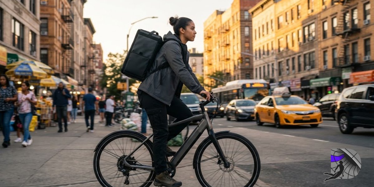 A professional courier riding a bicycle through a bustling Washington Heights neighborhood.
