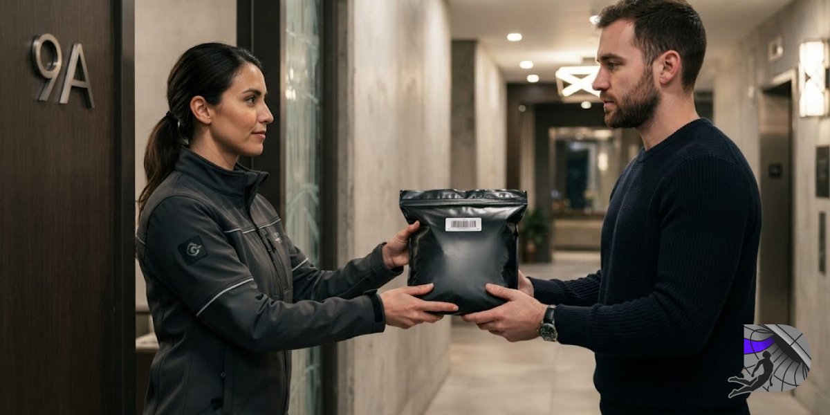 A professional courier handing a secure, opaque package to a customer at their doorstep.