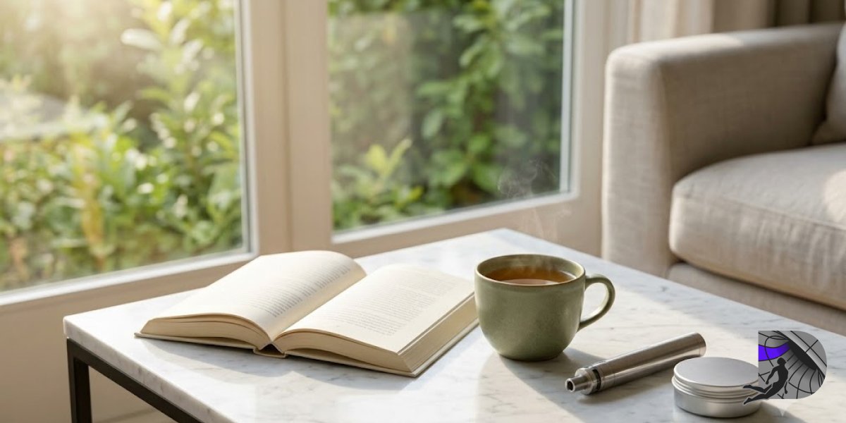 An open book, a cup of hot herbal tea, and a sleek metallic vape pen on a white marble coffee table near a sunny window.