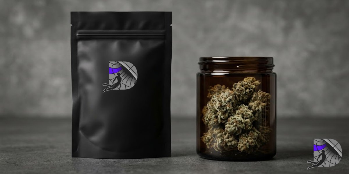 Black matte vacuum-sealed pouch and amber glass jar filled with fresh cannabis flower for discreet delivery.