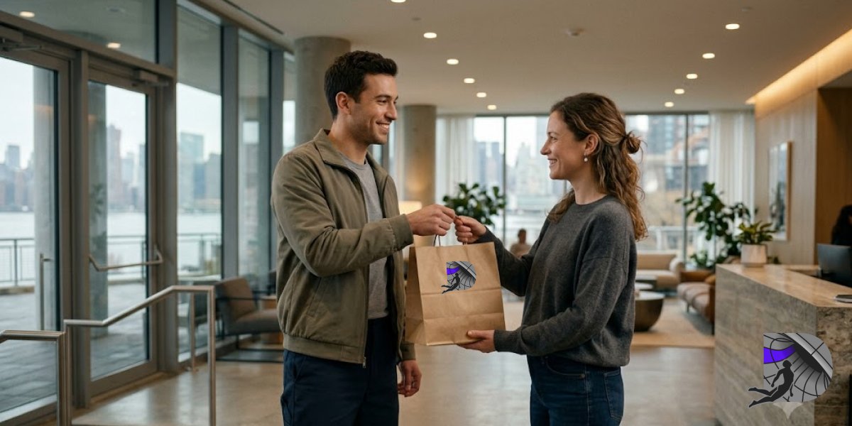 Courier handing a plain brown paper bag to a customer in a modern Roosevelt Island residential lobby.