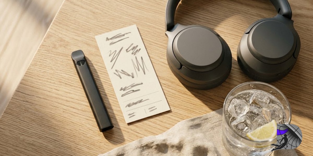 Minimalist flat lay on a wooden cafe table with over-ear headphones, a black vaporizer, and a museum ticket.