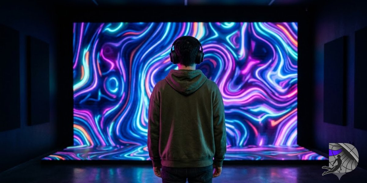 Person wearing headphones standing in front of a glowing digital neon art screen in a dark room.