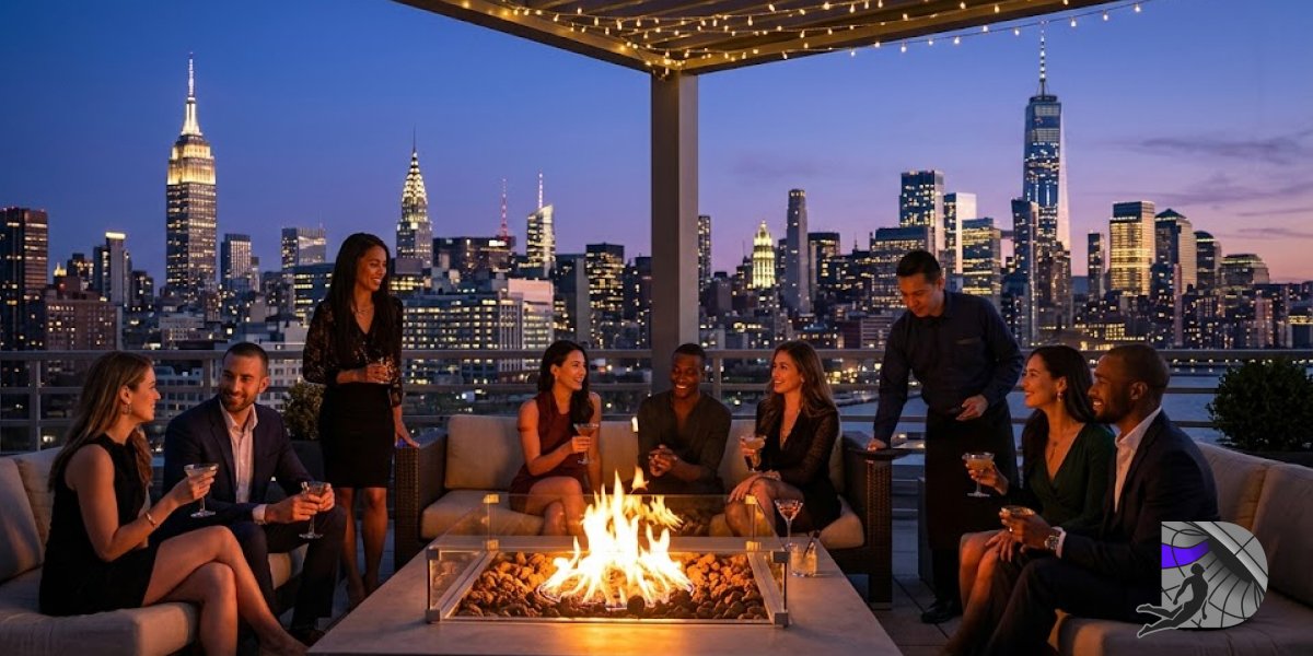 A stylish group of friends enjoying drinks around a modern gas fire pit on a rooftop terrace overlooking the New York City skyline at twilight.
