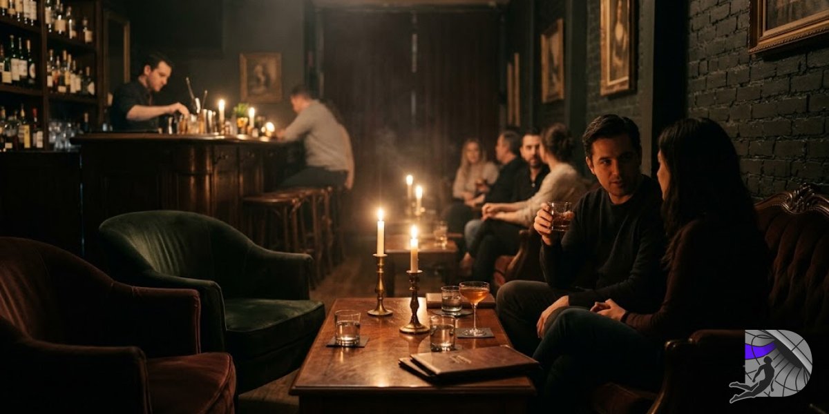 A man and woman talking in a dark, candlelit speakeasy lounge with velvet armchairs.