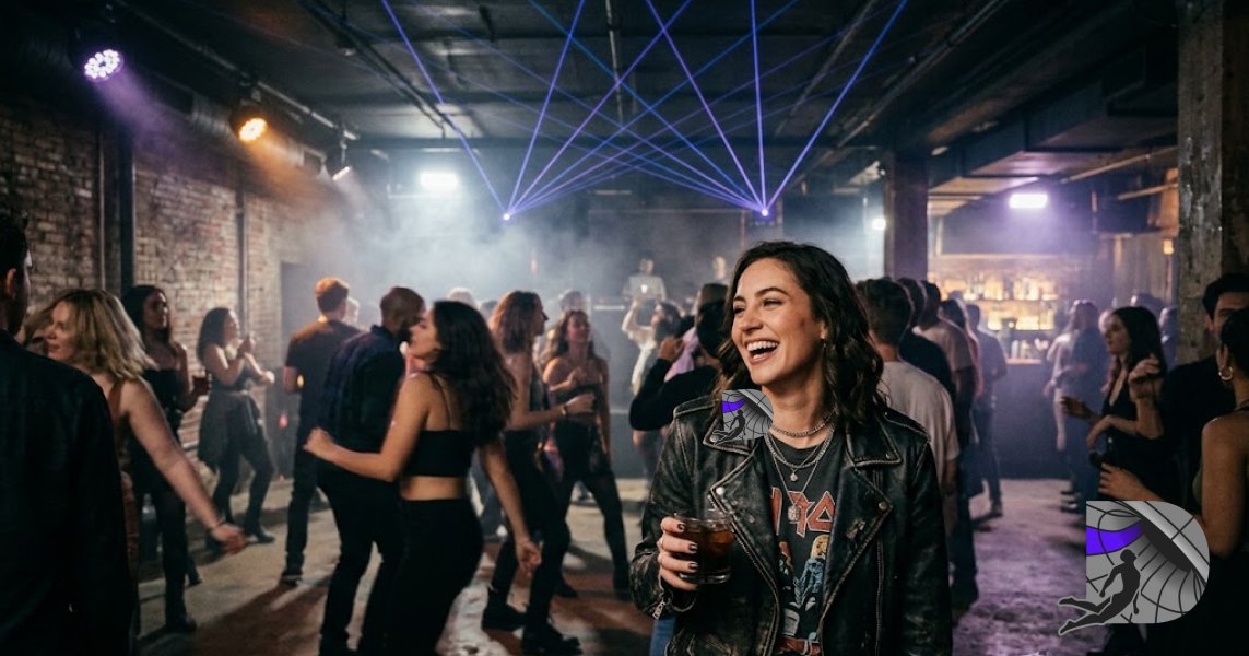 A trendy young woman laughing and holding a drink on the dance floor of an energetic underground nightclub with blue laser lights.