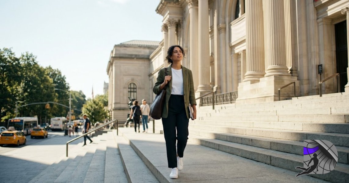 Young creative person walking up the grand stone steps of a New York City art museum on a sunny morning.